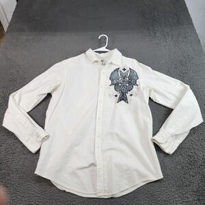 Y2K Helix Shirt Mens Large White Winged Cross Graphic Long Sleeve Button Front